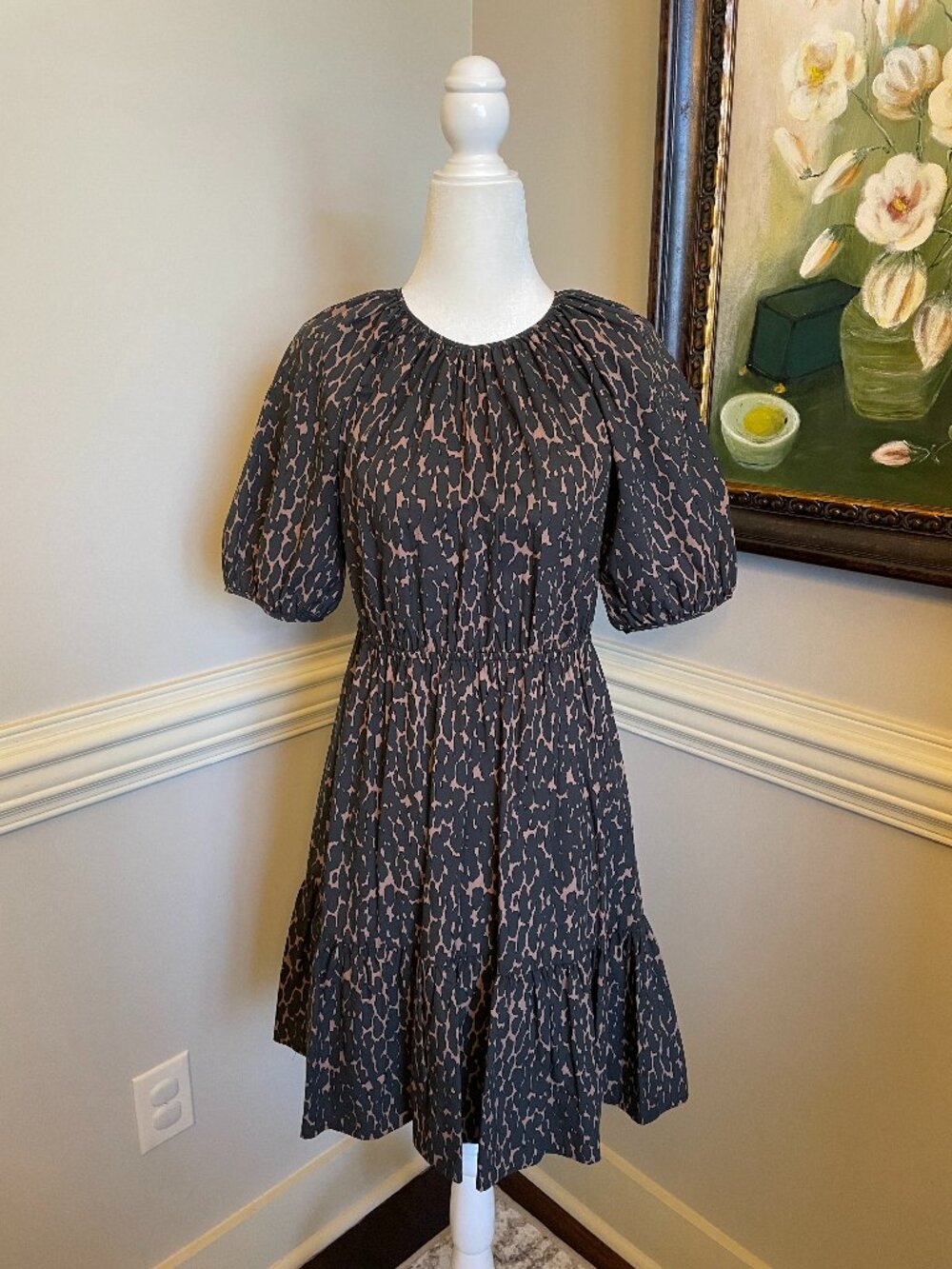 Rails Khloe Animal Print Black and Tan Dress with Puff Sleeves Size S
